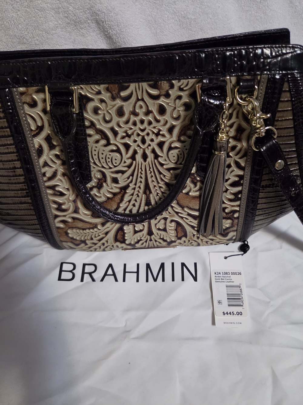Brahmin Taupe and Brown Embossed Leather Satchel with Tassel